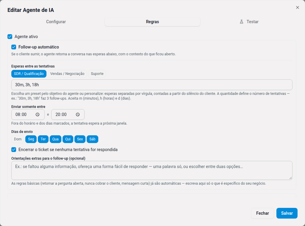 Regras do agente de IA no Dialogix: follow-up automático com esperas, horário e dias de envio.
