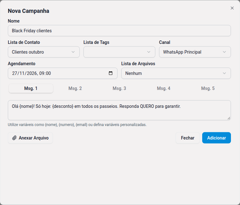 Formulário de Nova Campanha com nome, lista de contatos, canal, agendamento e as abas de mensagem.