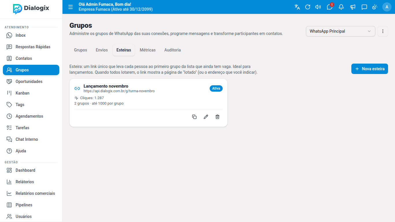 Aba Esteiras com uma esteira ativa, o link público, os cliques e o botão de copiar.
